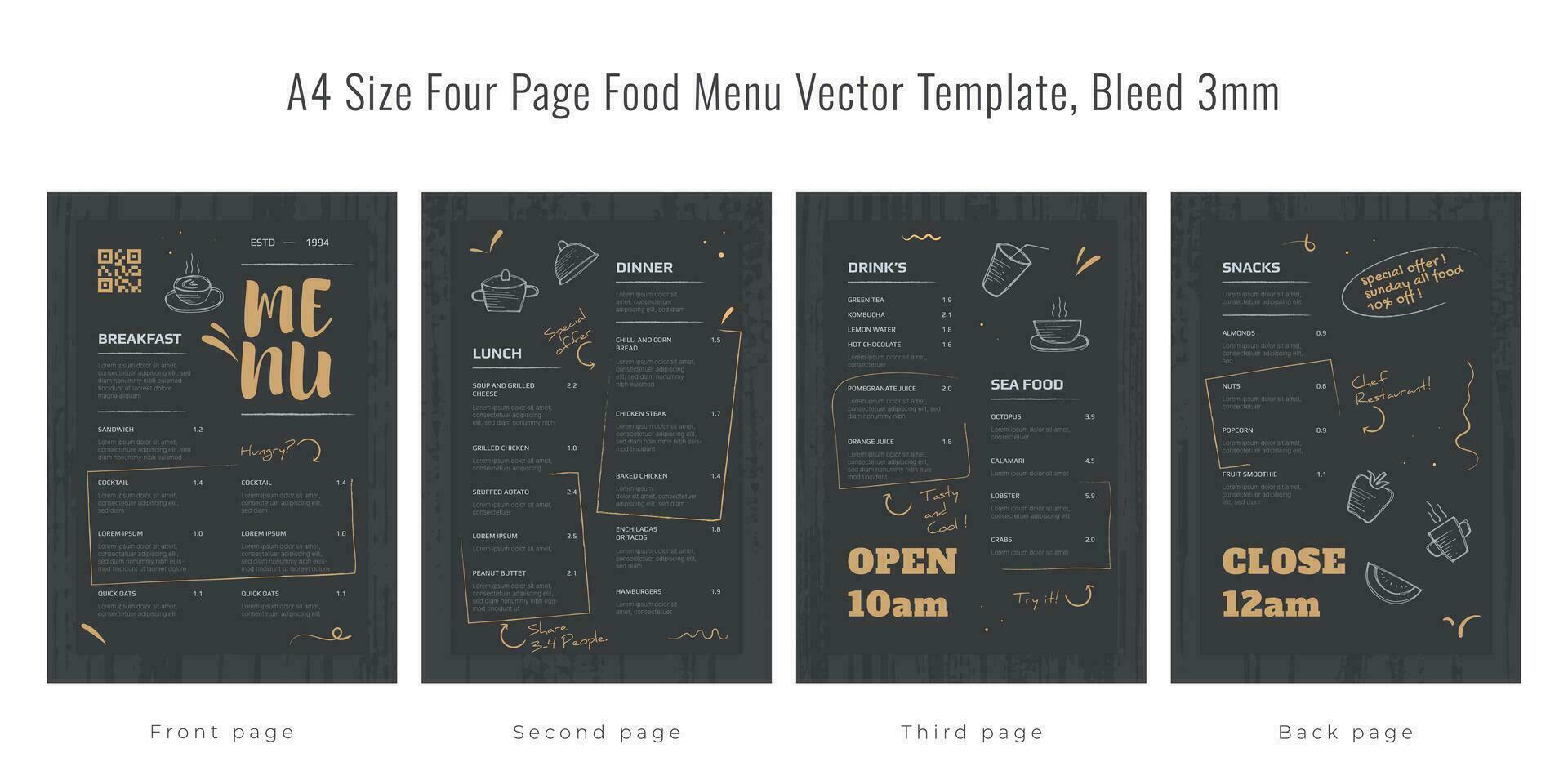 A4 size four page food menu template, bleed 3mm vector