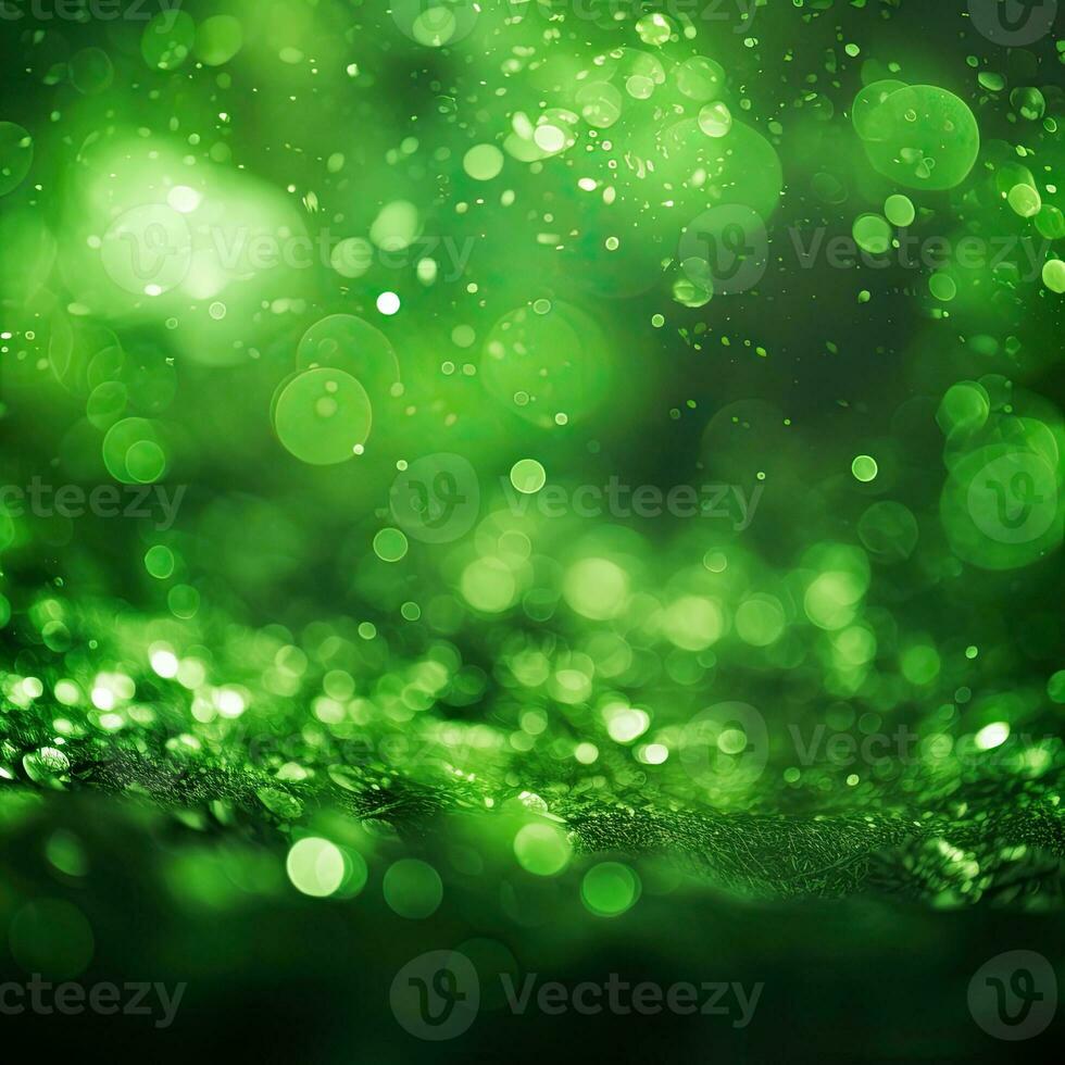 green eco glitter bokeh background. backdrop of shiny blurry particles photo