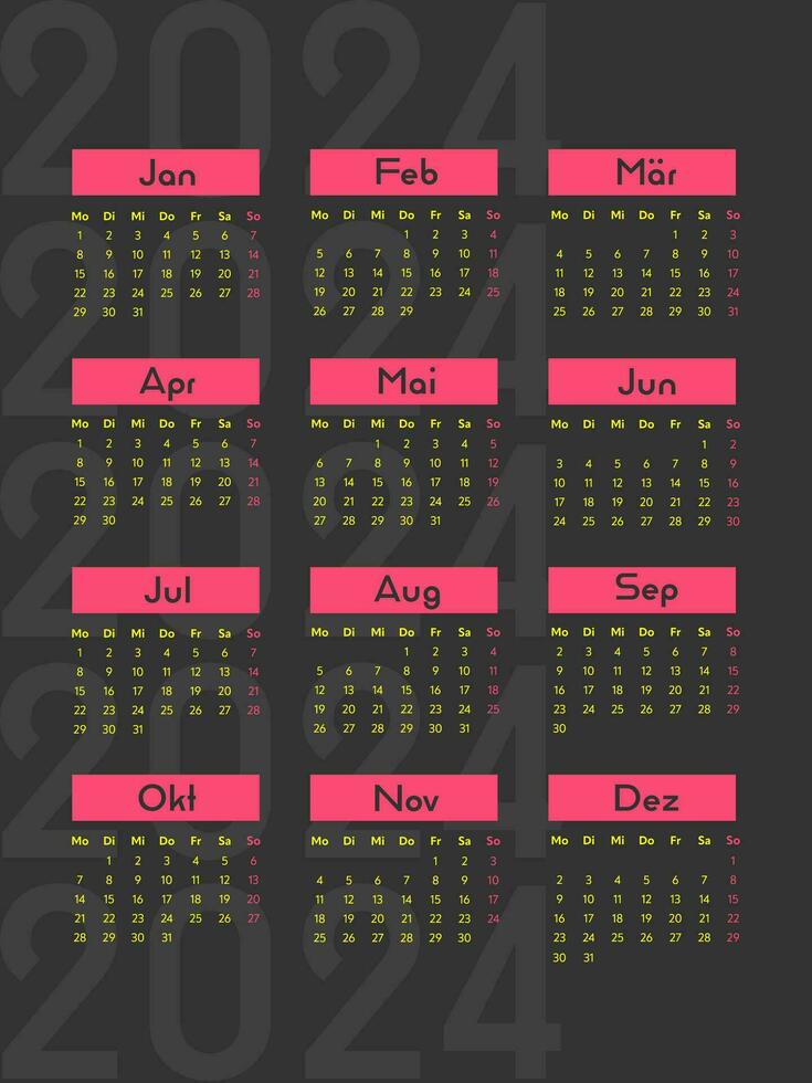 2024 calendar vector design template. Calendar in German. The week starts on Monday.