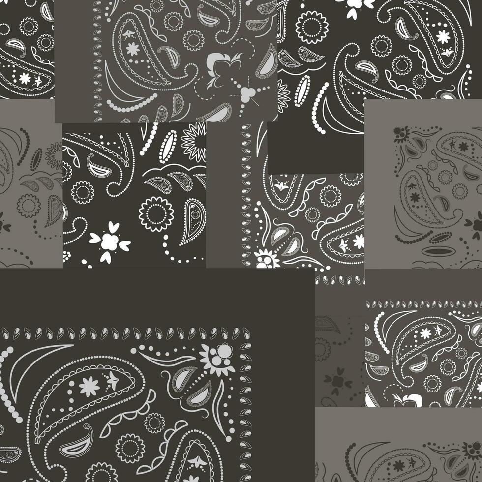 Black bandana kerchief paisley fabric patchwork abstract vector seamless pattern