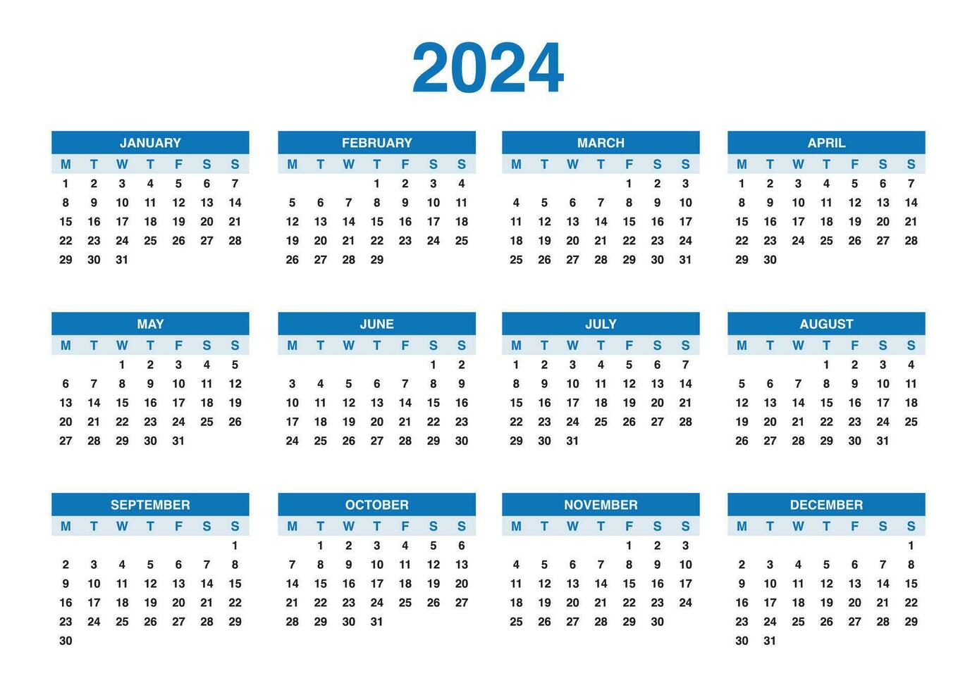 Landscape yearly calendar 2024 start on monday vector
