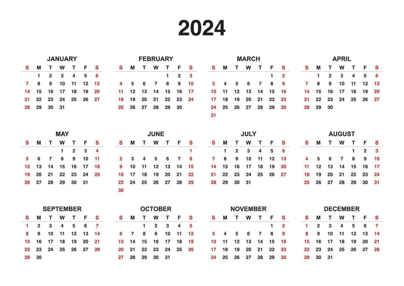 2024 Montly Calendar start from sunday 34198043 Vector Art at Vecteezy
