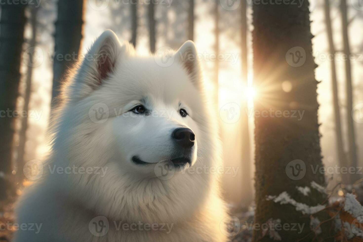 Samoyed dog portrait in winter forest at sunset. Beautiful white dog AI generative. photo