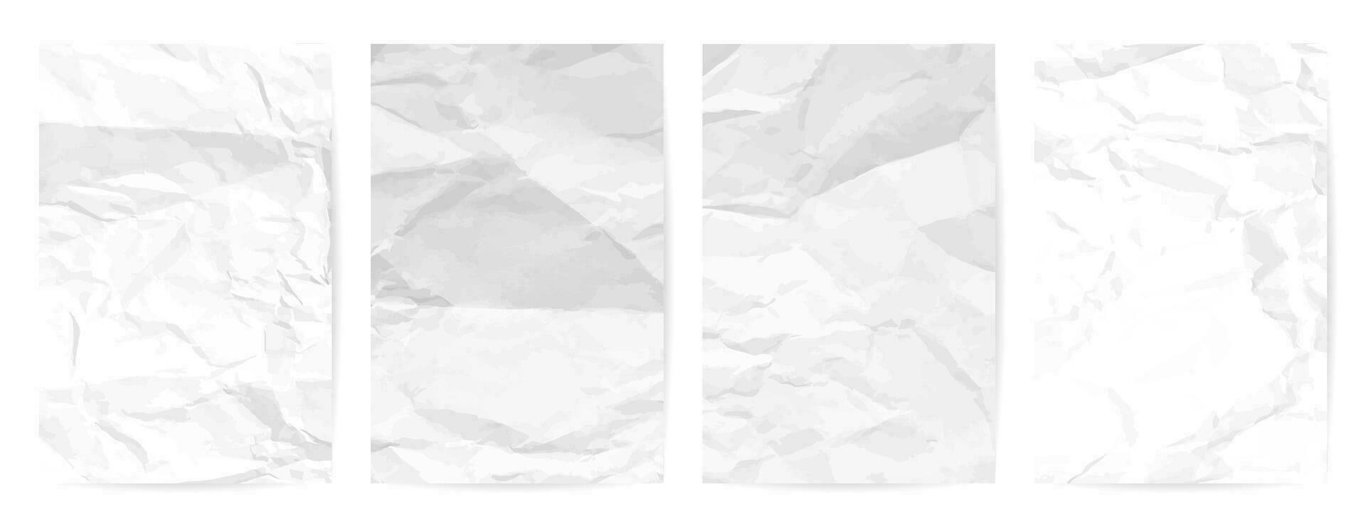 White clean crumpled paper background. Set of four vertical crumpled empty paper templates for posters and banners. Vector illustration