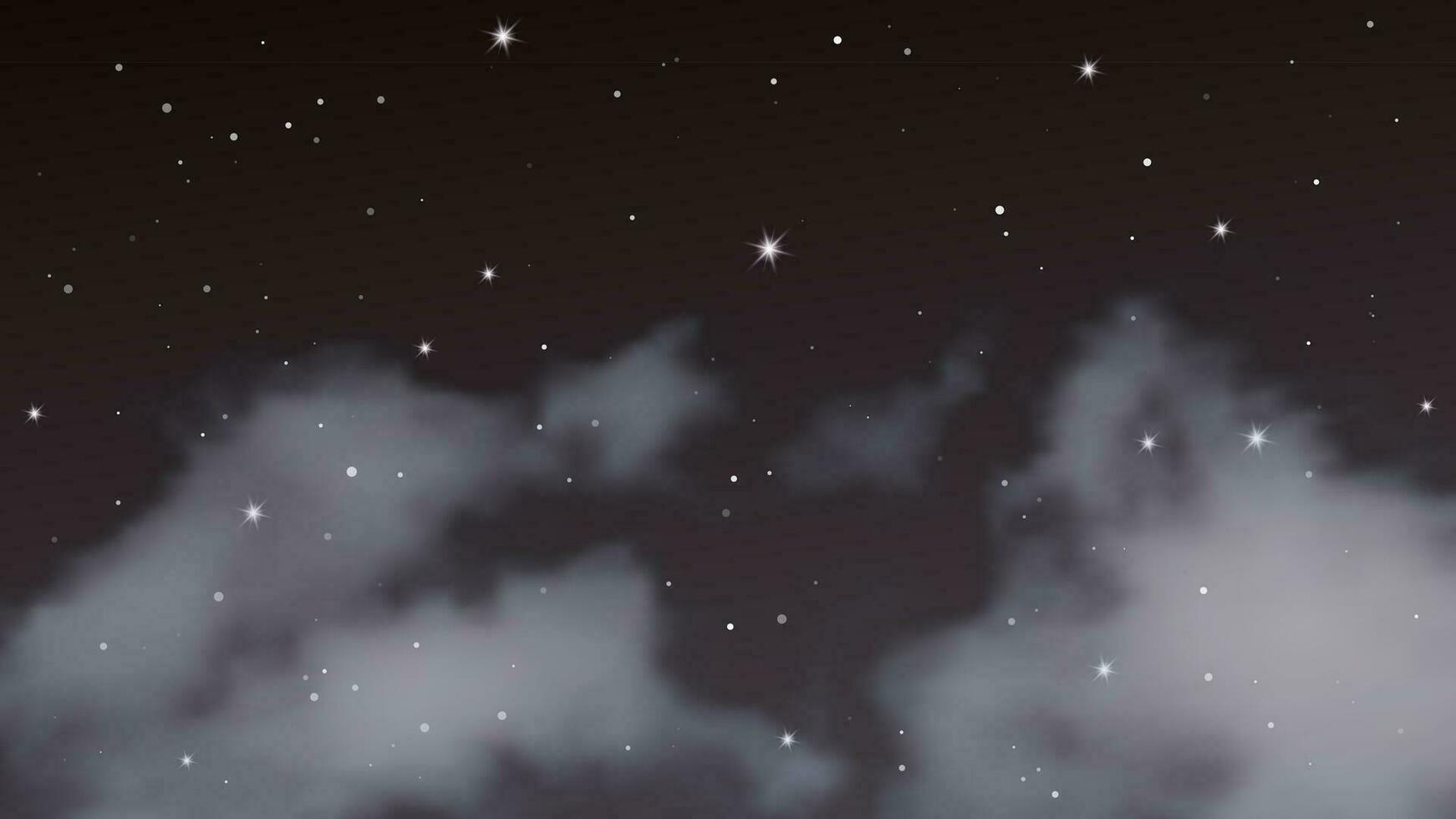 Night sky with clouds and many stars. Abstract nature background with stardust in deep universe. Vector illustration.