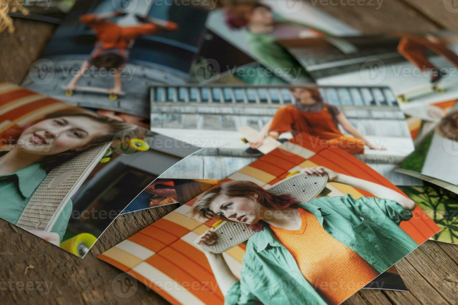 Printed photos on table. Photo printing concept.