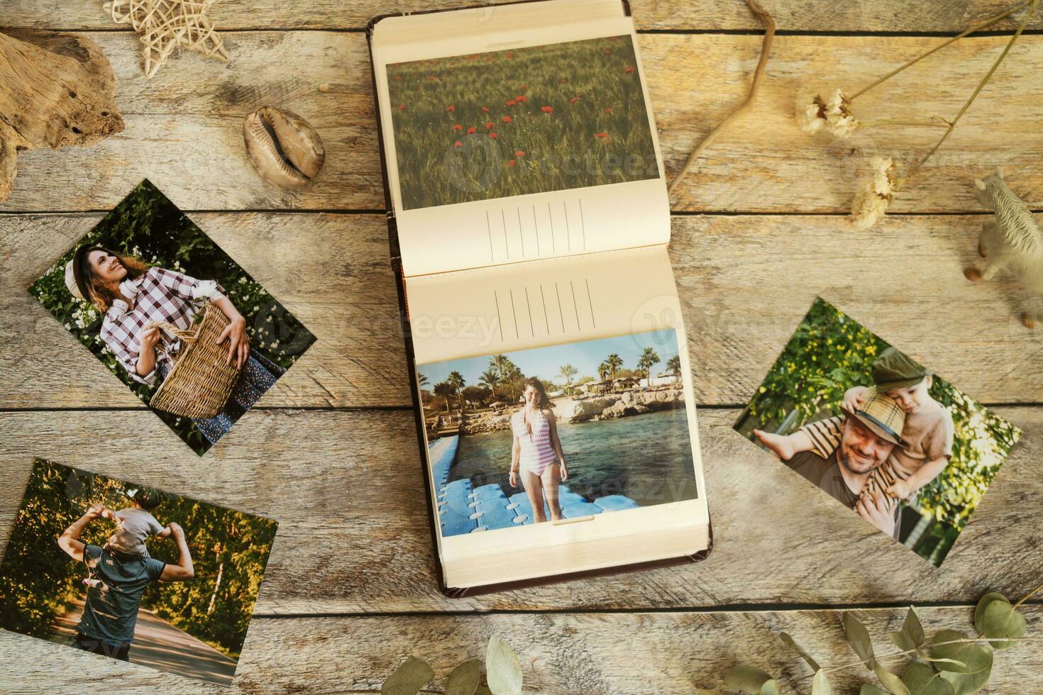 Printed photos in photo album. Photo printing concept.