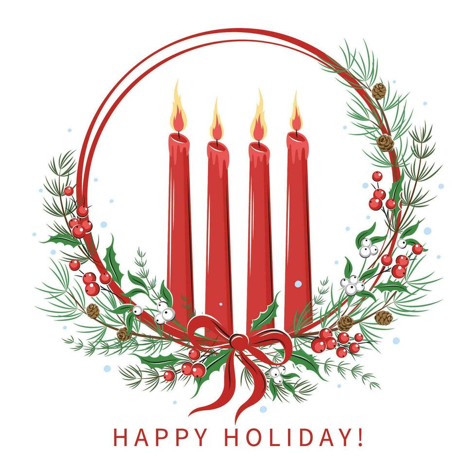 Merry Christmas wreath with candles and text. Green fir, twigsred and whites berries. Greeting card template for winter holidays. Vector illustration.