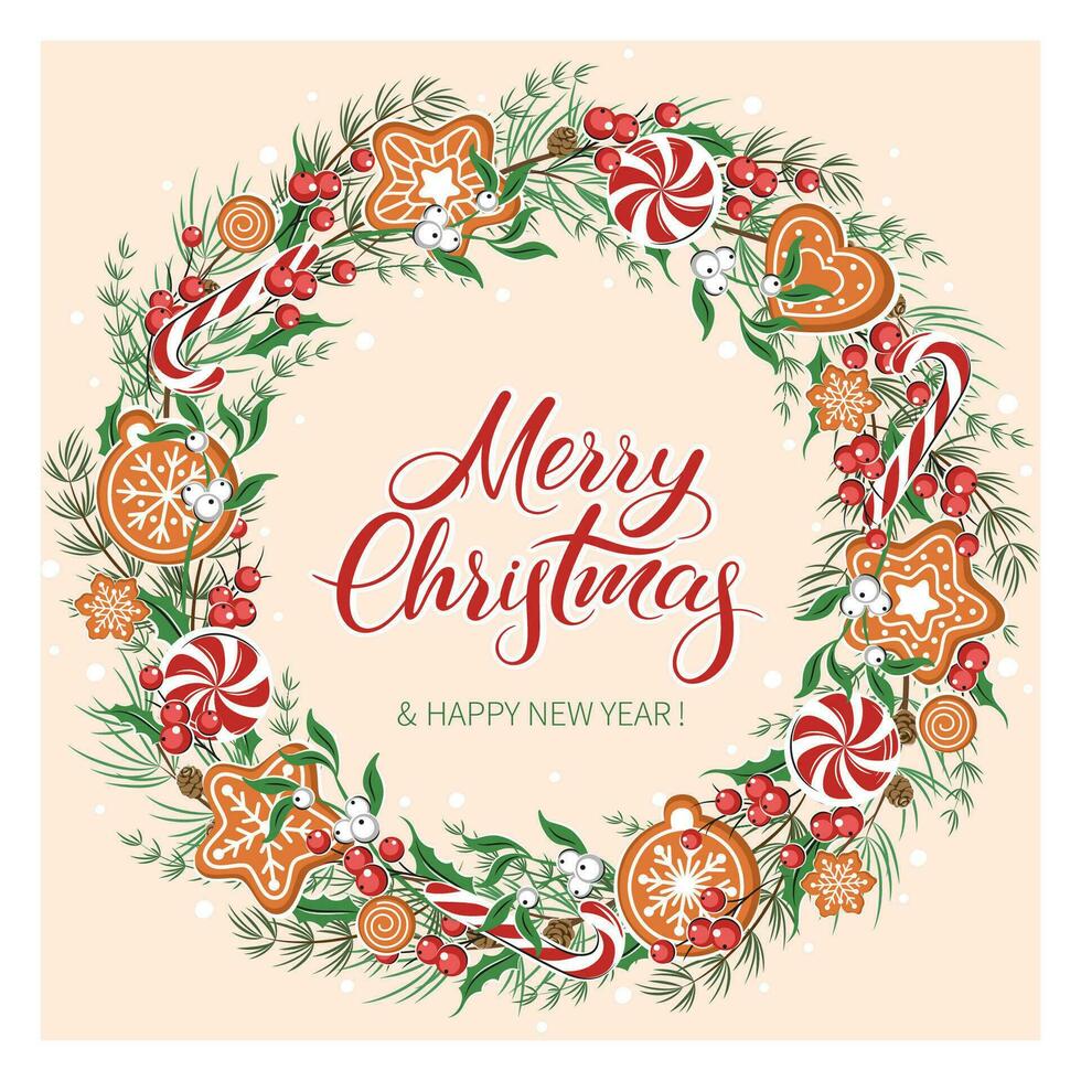 Merry Christmas wreath with text. Green fir, twigsred and whites berries, cookies and sweets. Greeting card template for winter holidays. Vector illustration.