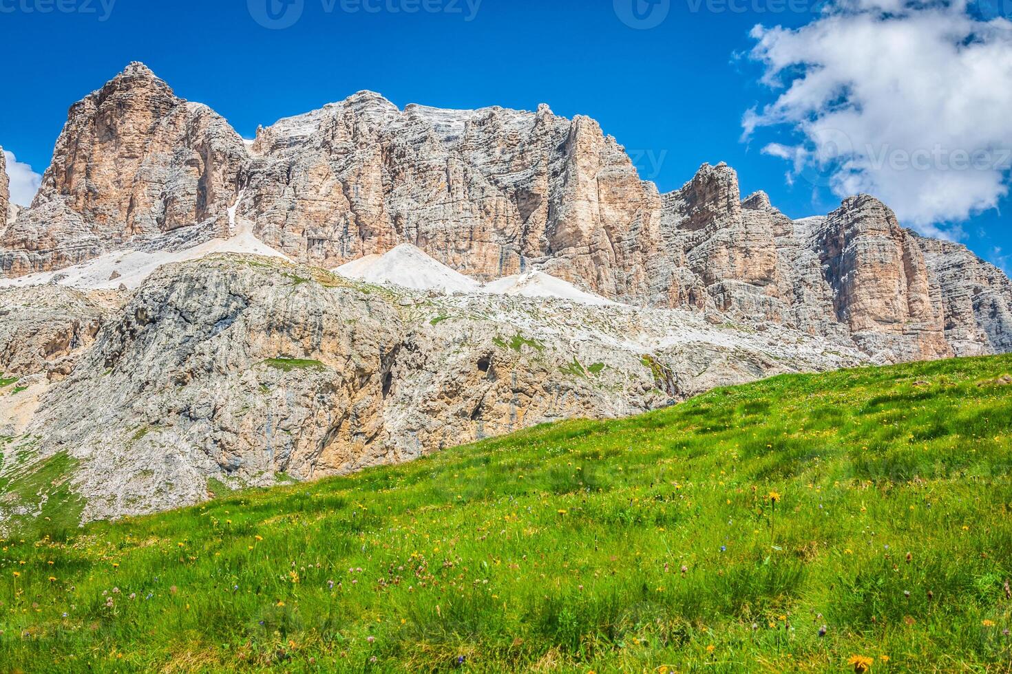 Panorama of Sella mountain range from Sella pass, Dolomites, Italy photo