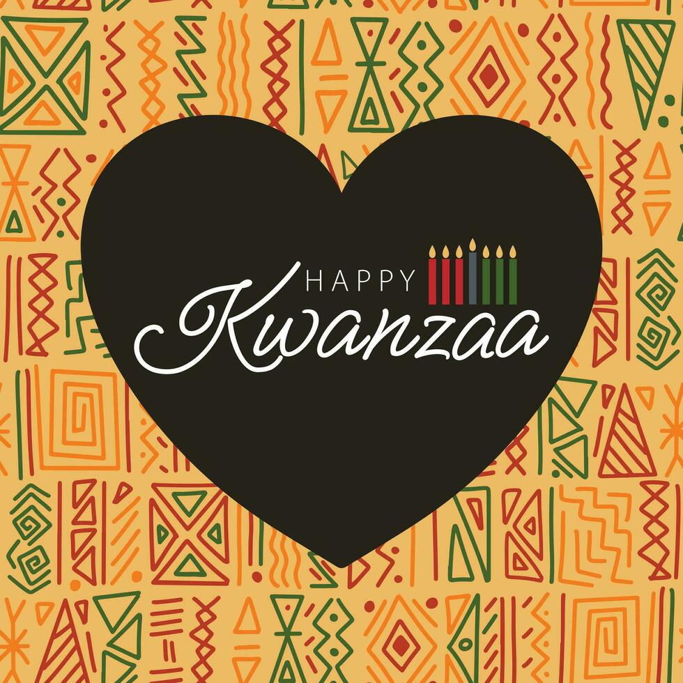 contento kwanzaa saludo tarjeta en corazón marco en africano étnico tribal choque ornamento sin costura modelo antecedentes. linda cuadrado kwanza vector modelo diseño