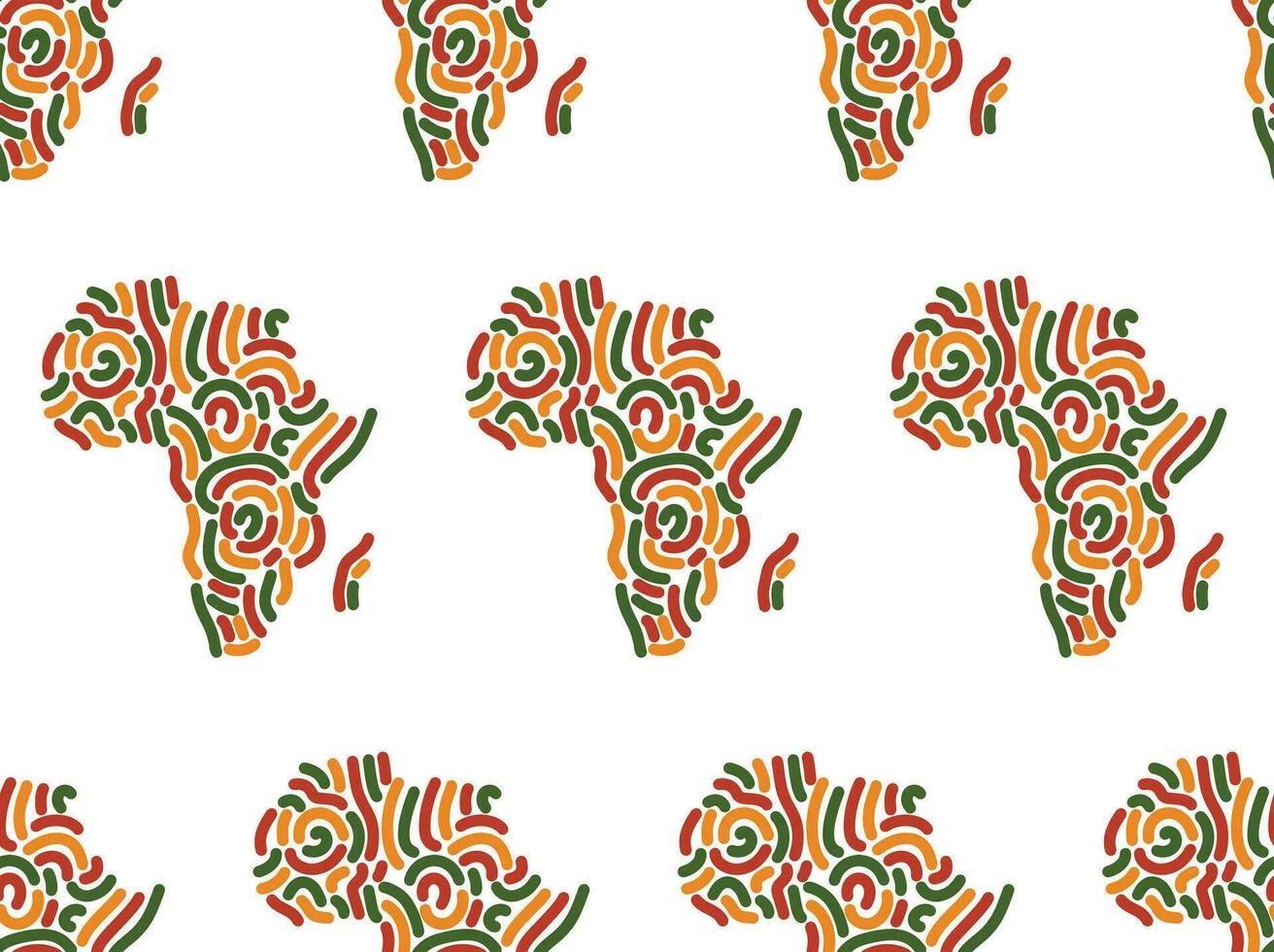 Seamless pattern background, decorative symbol Africa map, silhouette of African continent with abstract lines ornament in color of Pan African flag - red, yellow, green. vector