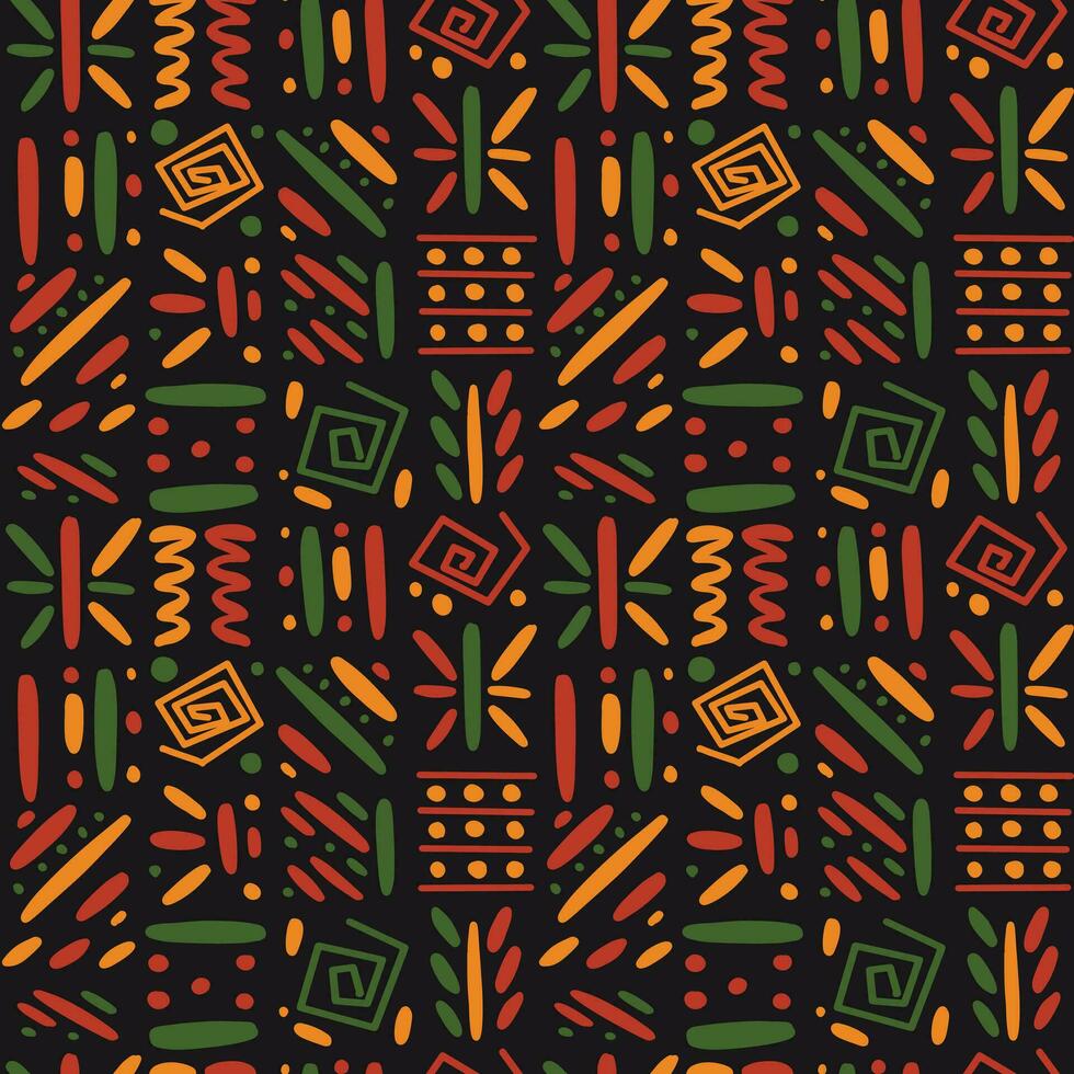 African ethnic tribal seamless pattern background. Vector red, yellow, green abstract symbols, square repeat lines backdrop for Black History Month, Juneteenth, Kwanzaa print, banner, wallpaper