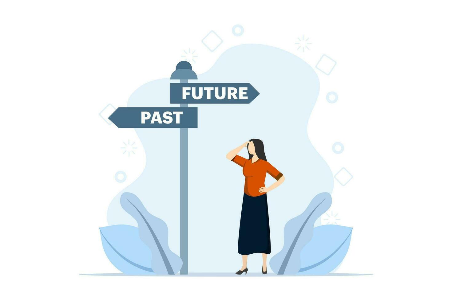 Past and future concept, People's choice between past and future, Business alternatives, Future metaphor, Modern flat cartoon style, Vector illustration on a white background.