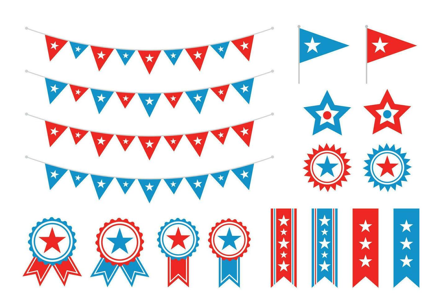 Flag Banners, Badges, Ribbons, Awards, Red White Blue, 4th Of July, Independence Day Decoration Set vector