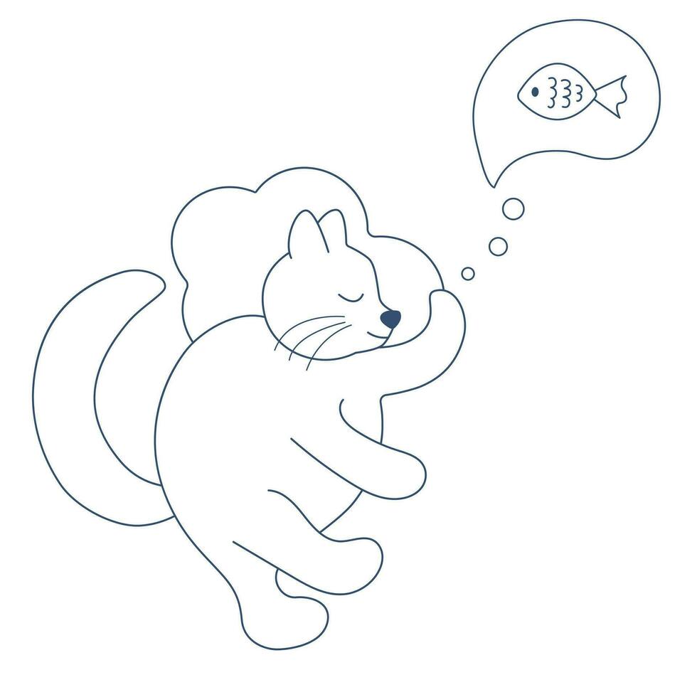 Doodle cartoon hand drawn sleeping cat dreaming of a fish. Cute cartoon vector simple illustration for children