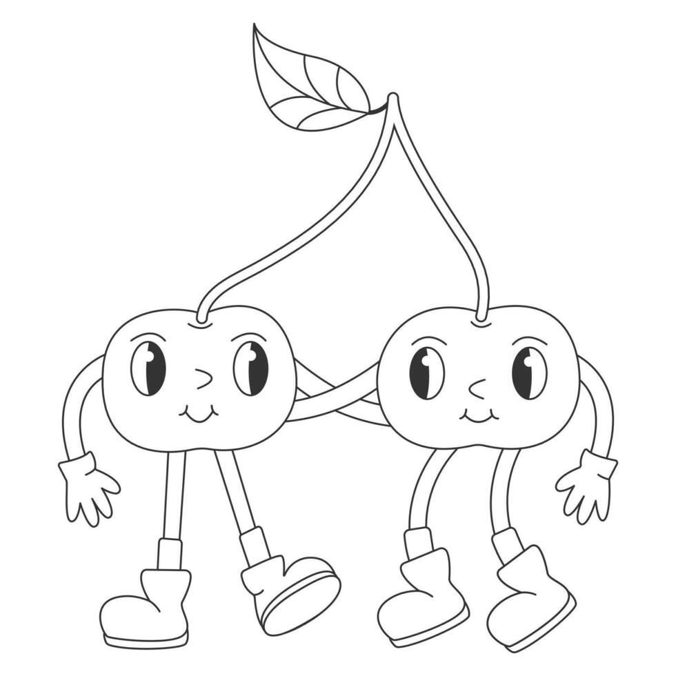 Coloring Page with Funny Retro Groovy Cartoon Hippie Berry Character. Comic Cherries hugging each other. Groovy Summer Vector Illustration. 90s Sweet Juicy Fresh Fruits