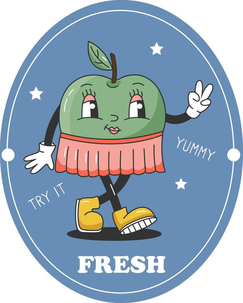 60s Fruit Funny Retro Hippie Groovy Cartoon Apple. Label with Comic Character. Groovy Summer Vector Sticker. Sweet Juicy Fresh Fruit Banner.