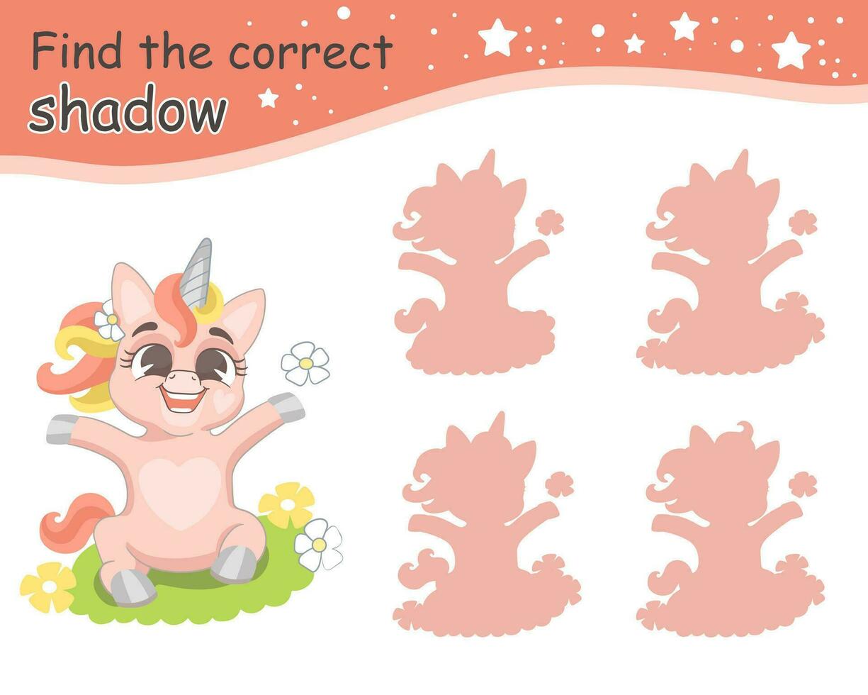 Find correct shadow funny pink baby unicorn vector