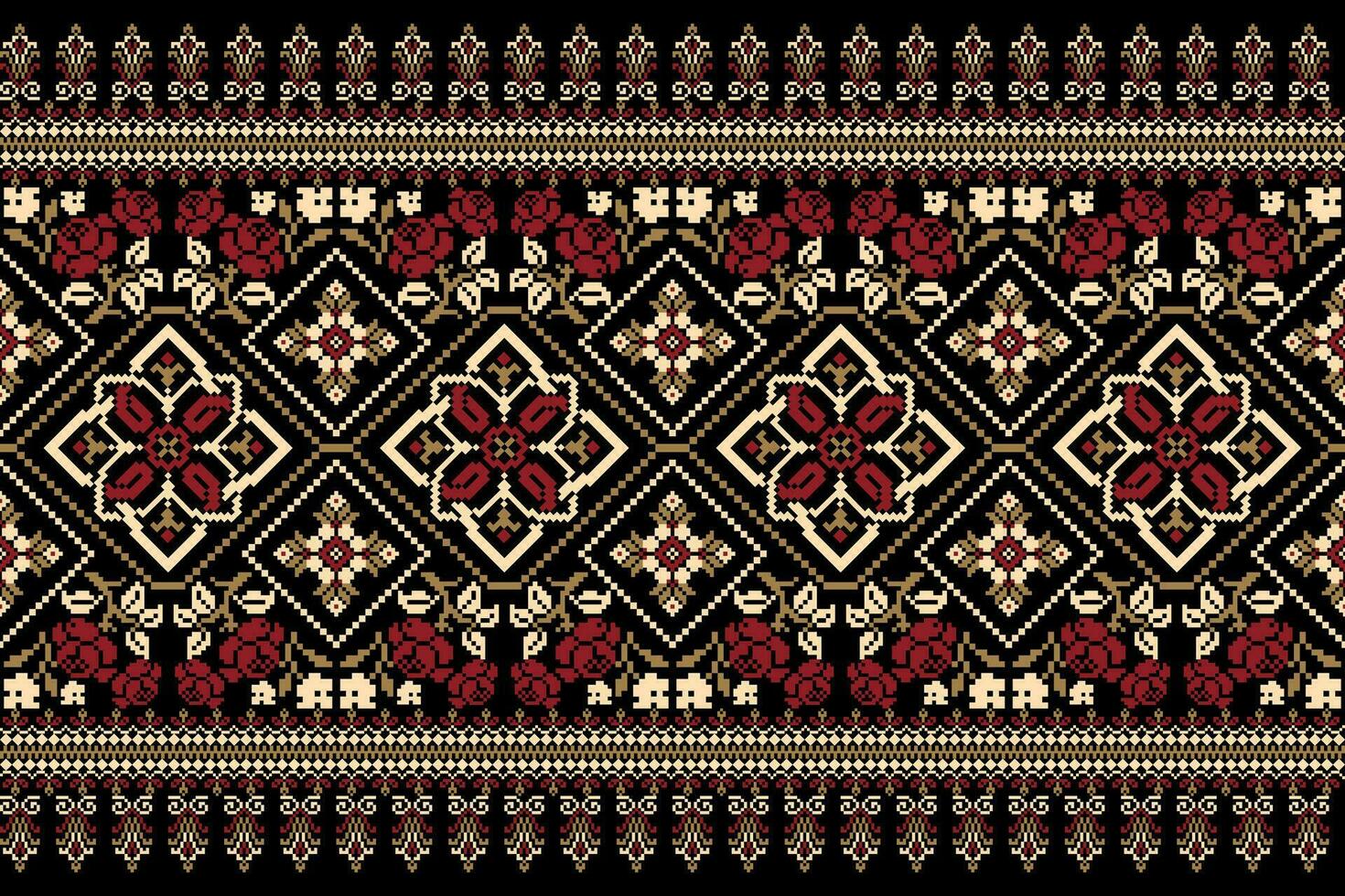 Floral Cross Stitch Embroidery on black background.geometric ethnic oriental pattern traditional.Aztec style abstract vector illustration.design for texture,fabric,clothing,wrapping,decoration,sarong.