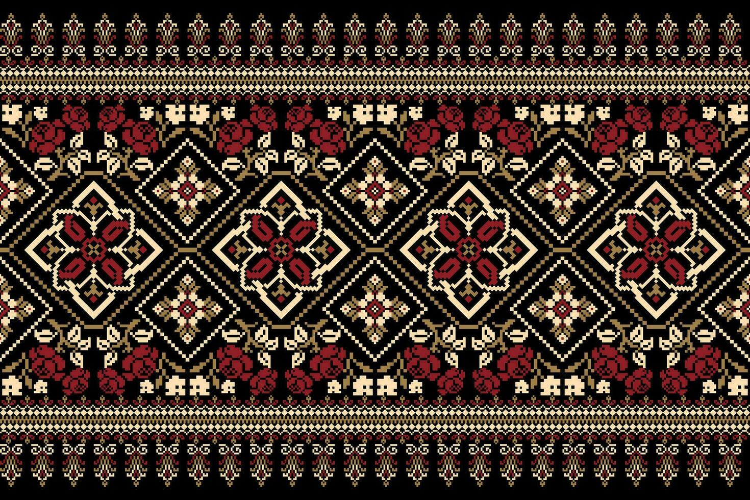 floral cruzar puntada bordado en negro fondo.geometrico étnico oriental modelo tradicional.azteca estilo resumen vector ilustración.diseño para textura,tela,ropa,envoltura,decoración,pareo.