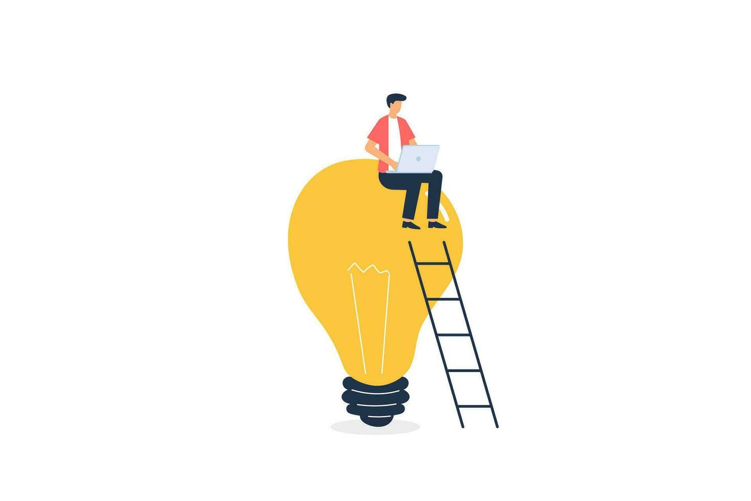 Young businessman working with laptop and getting ideas while sitting on light bulb. Vector illustration