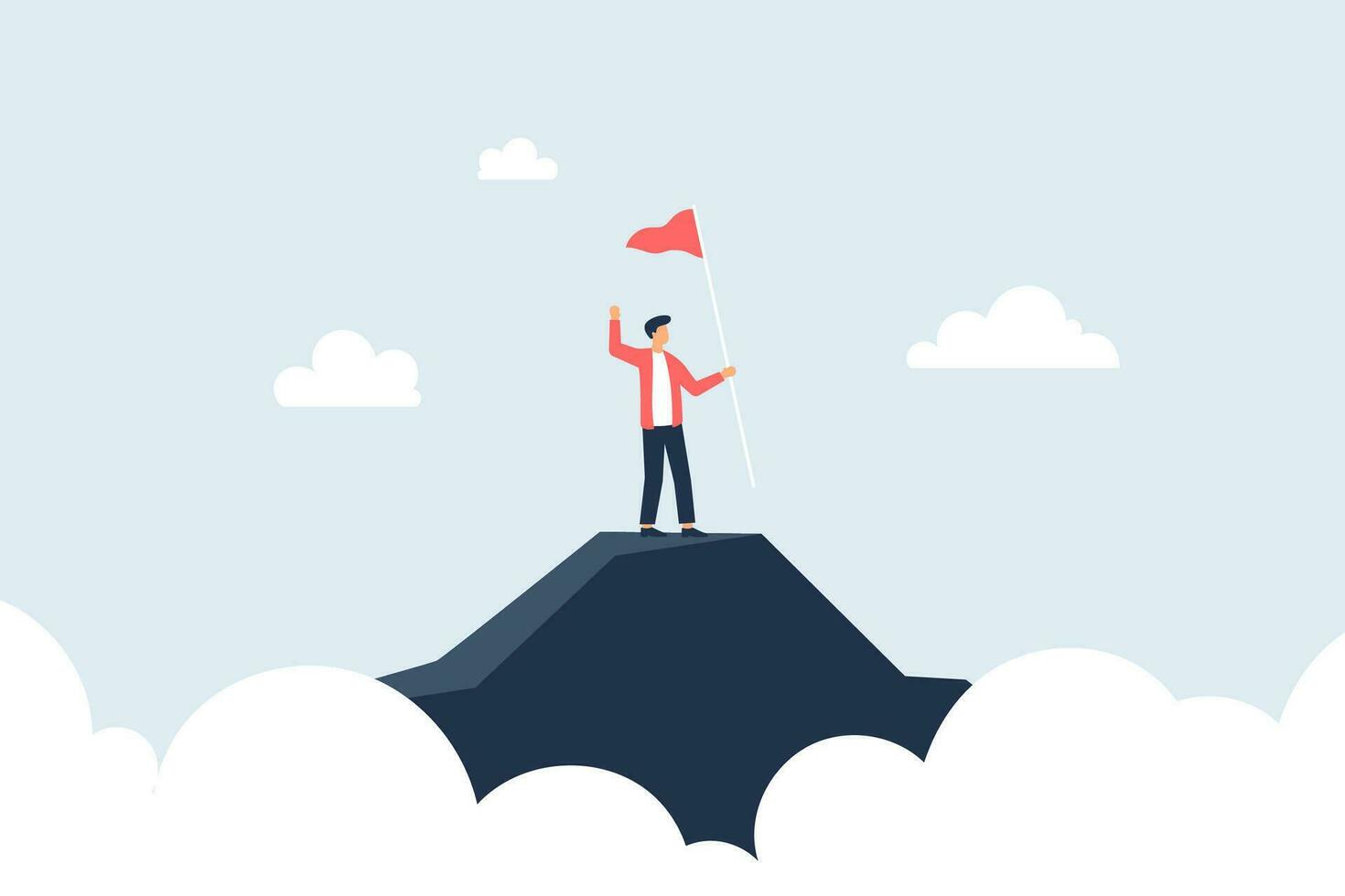 Successful entrepreneurs in the business world. Concept of flying flag on top of mountain to celebrate success. Vector illustration