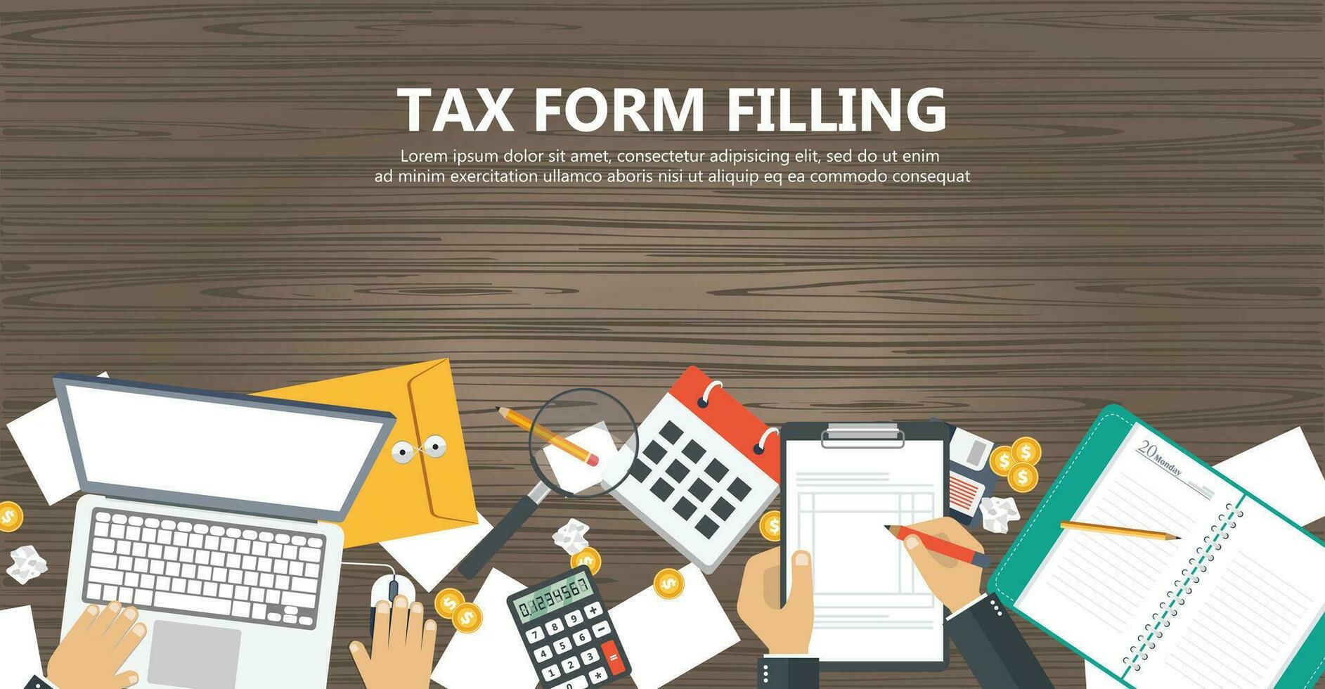 Tax payment. Government, state taxes. Data analysis, paperwork, financial research, report. Businessman calculation tax return. Flat design. Tax form vector. Payment of debt. vector