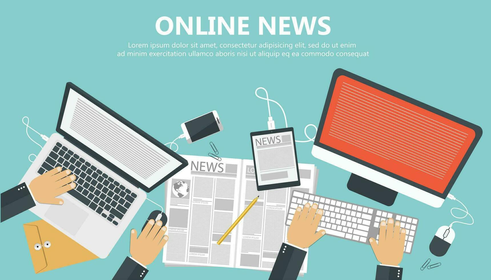 On line news concept. Read newspaper on your tablet or smart phone. Work desk top view. Flat vector illustration