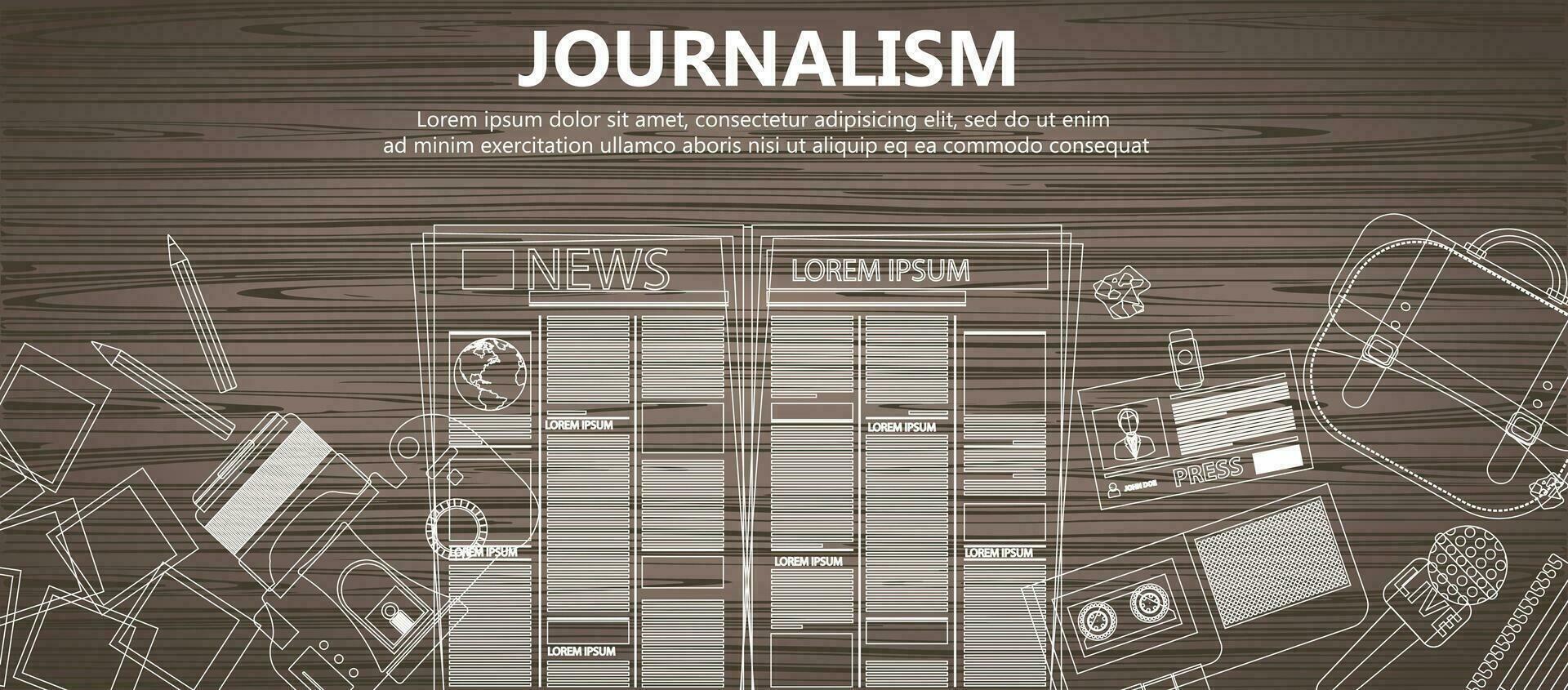 Journalism flat banner. Equipment for journalist on desk. Flat vector illustration