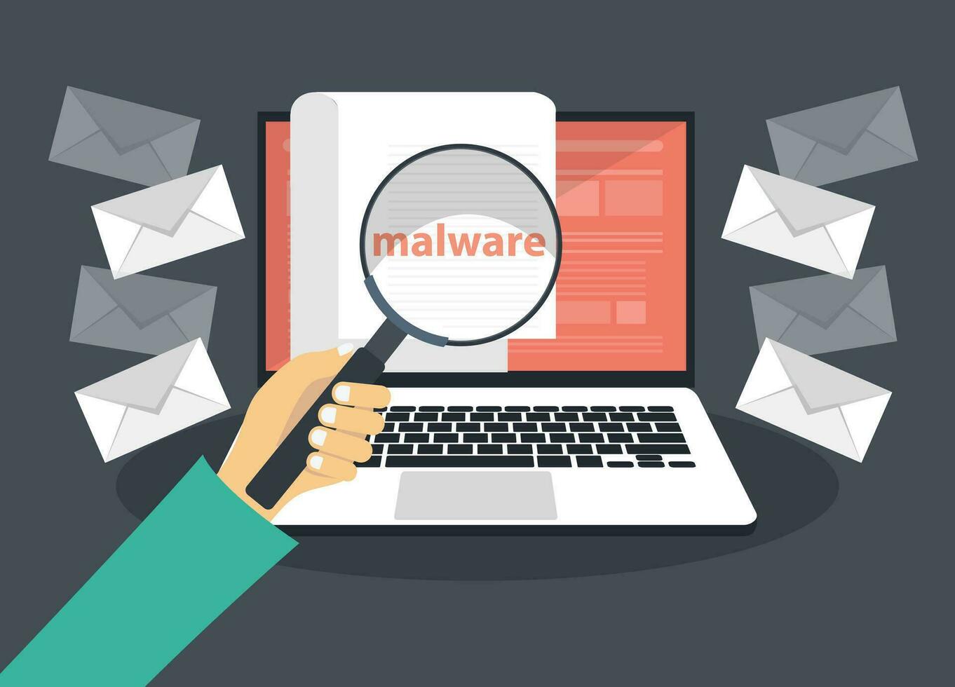 Document with malware in laptop. Concept of virus, piracy, hacking and security. Website banner of e-mail protection, anti-malware software. Flat vector illustration.
