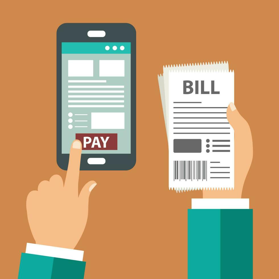 Mobile payment concept. Pay bills on line. Using a mobile phone to bank and shop on line. Flat vector illustration
