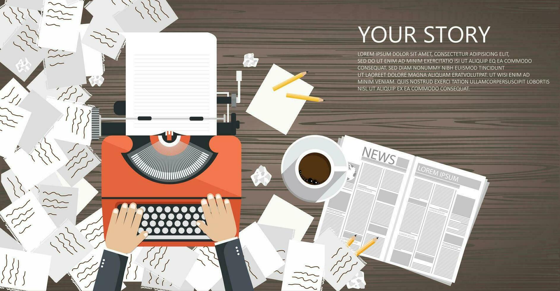 Write your story business banner for journalism. Flat vector illustration