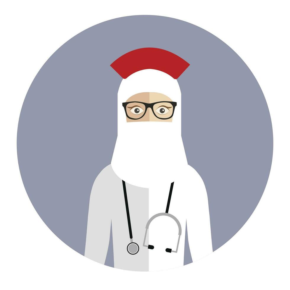 Young Muslim doctor with stethoscope. Islamic woman. Vector cartoon style illustration. Consultation, medic