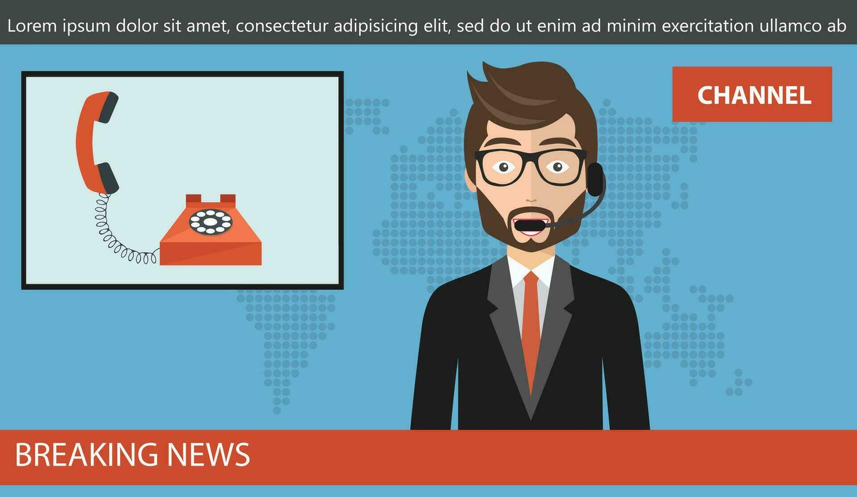 Breaking news concept. News anchor broadcasting the news with telephone on screen. Concept of live call on news. Flat vector illustration