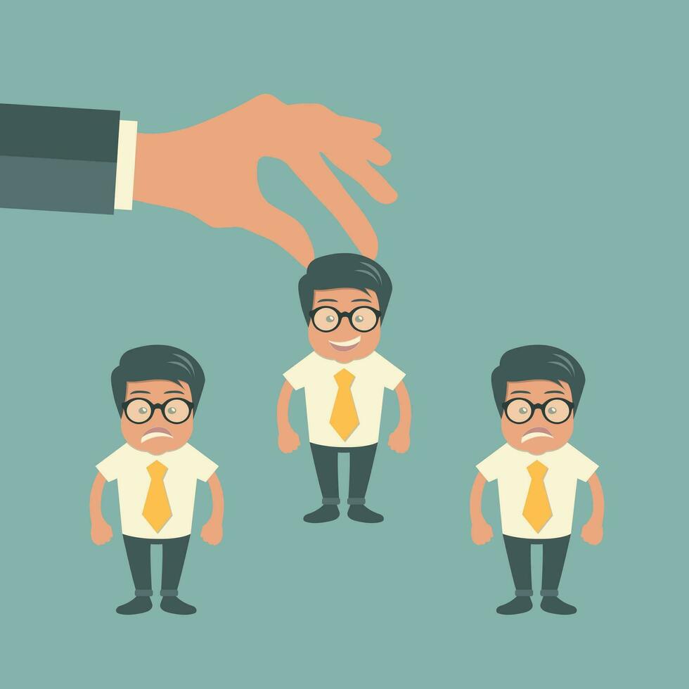 Choosing the best candidate for the job concept. Hand picking up a businessman from the row. Flat vector design
