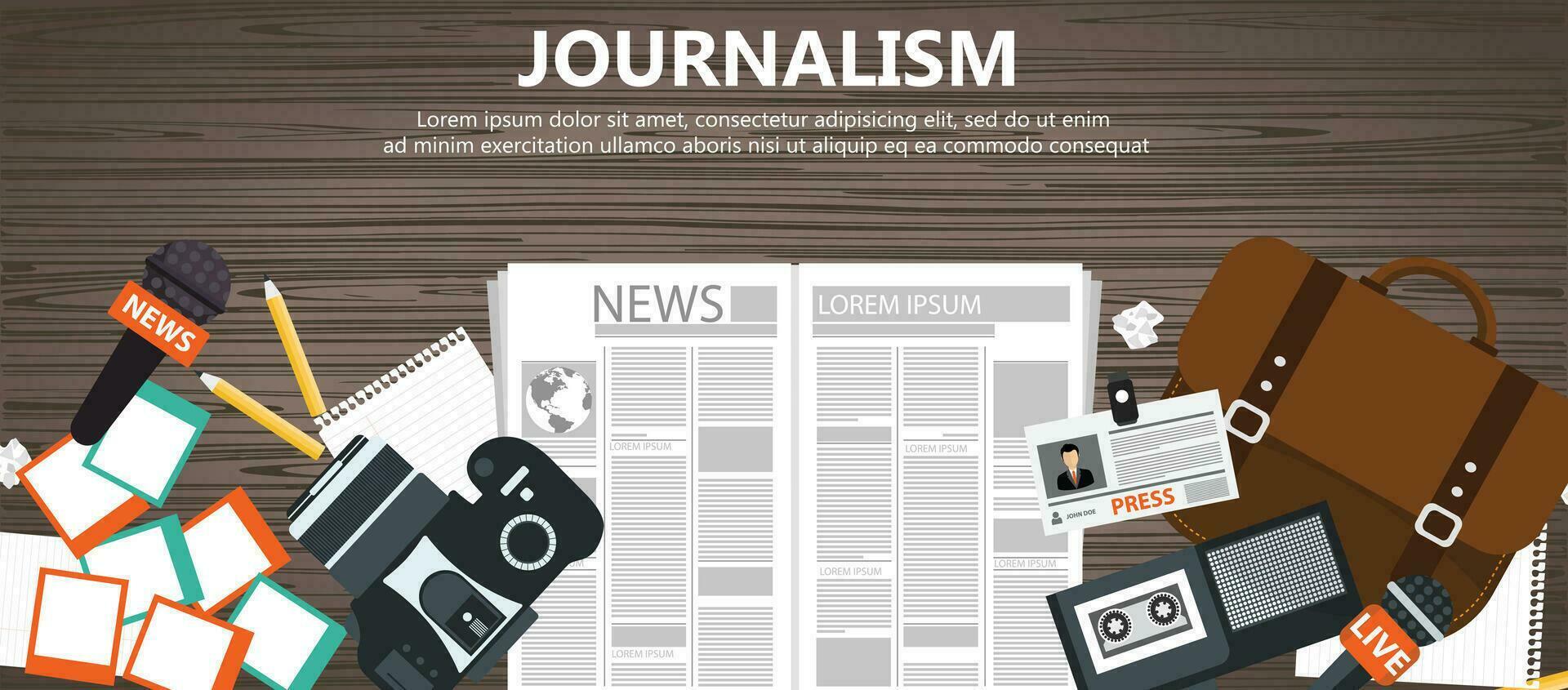 Journalism flat banner. Equipment for journalist on desk. Flat vector illustration