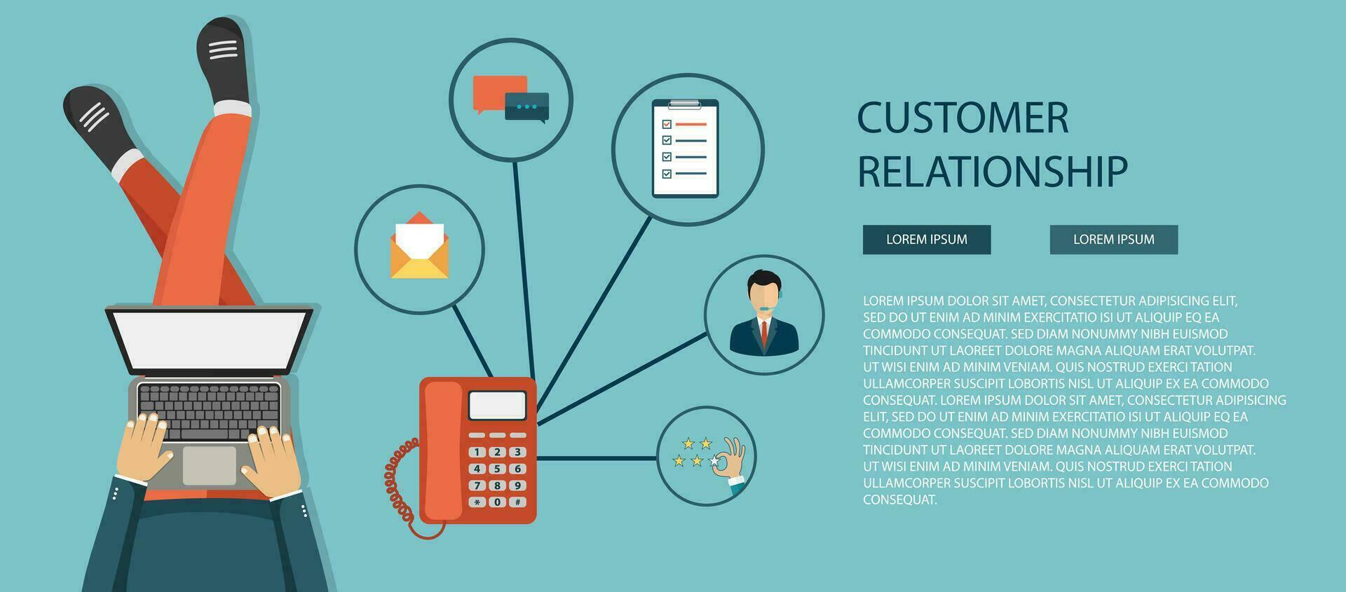 Business customer care service concept. Icons set of contact us, support, help, phone call and website click. Man sitting on the floor and holding lap top with telephone by his side. Flat vector