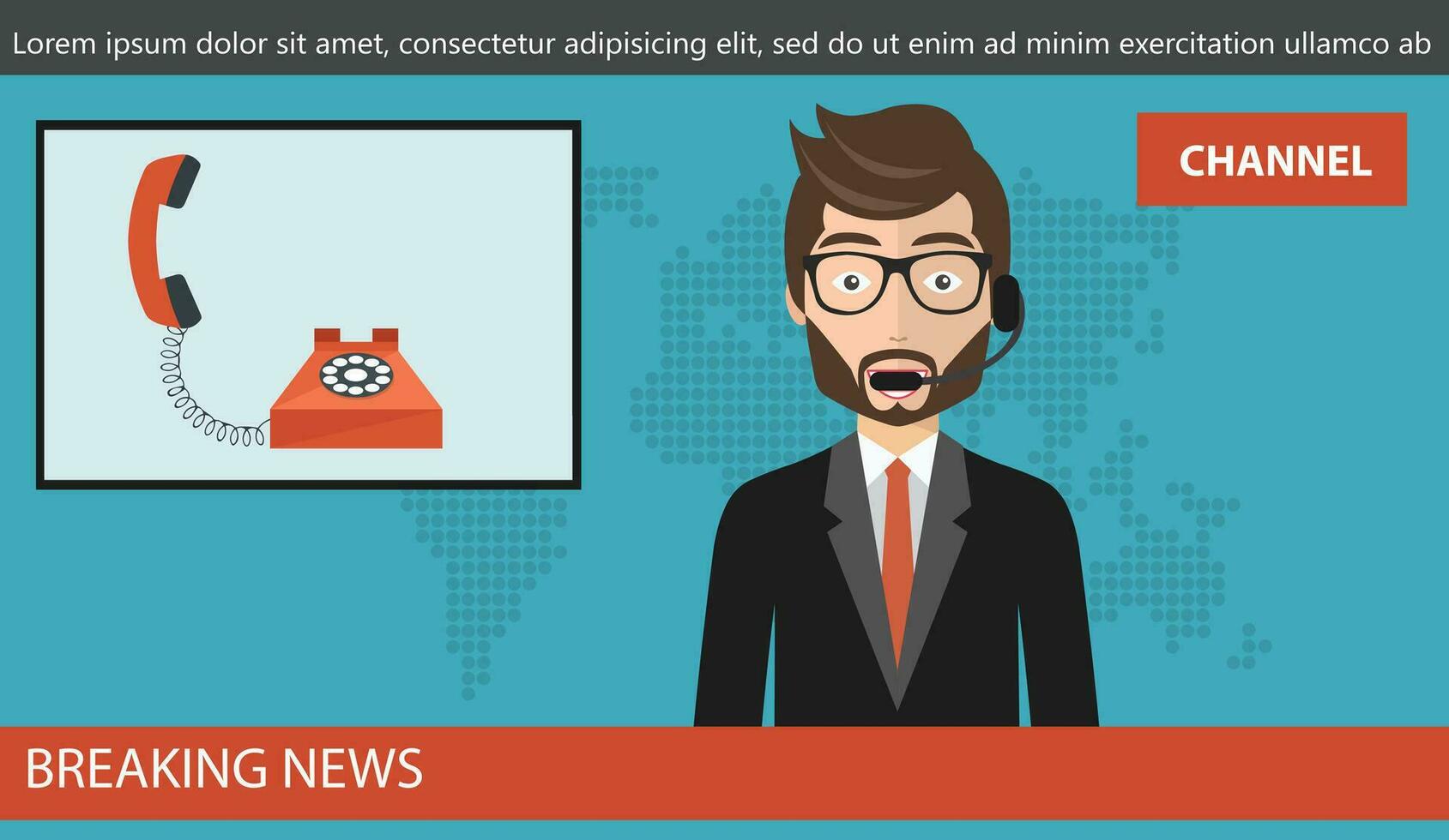 Breaking news concept. News anchor broadcasting the news with telephone on screen. Concept of live call on news. Flat vector illustration