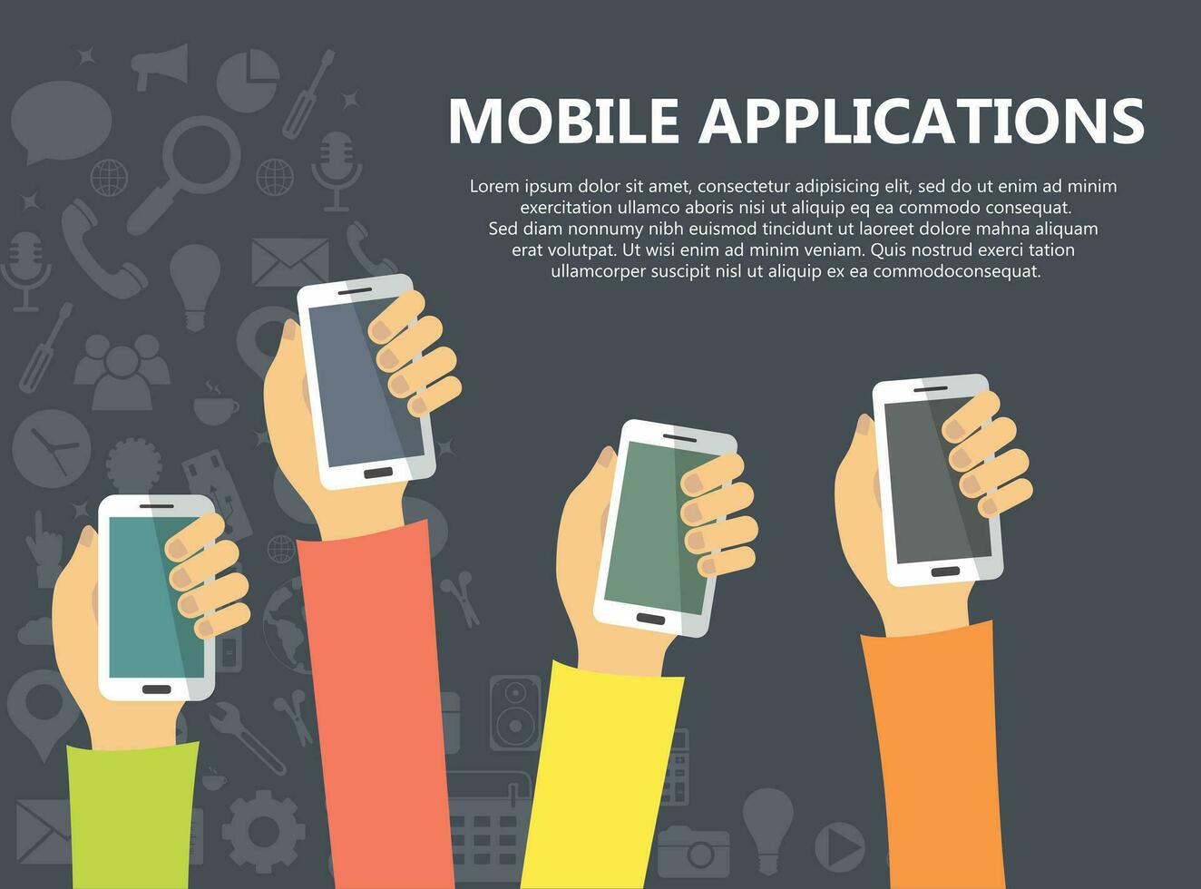 Mobile applications concept. Hands holding phones. Flat vector illustration.