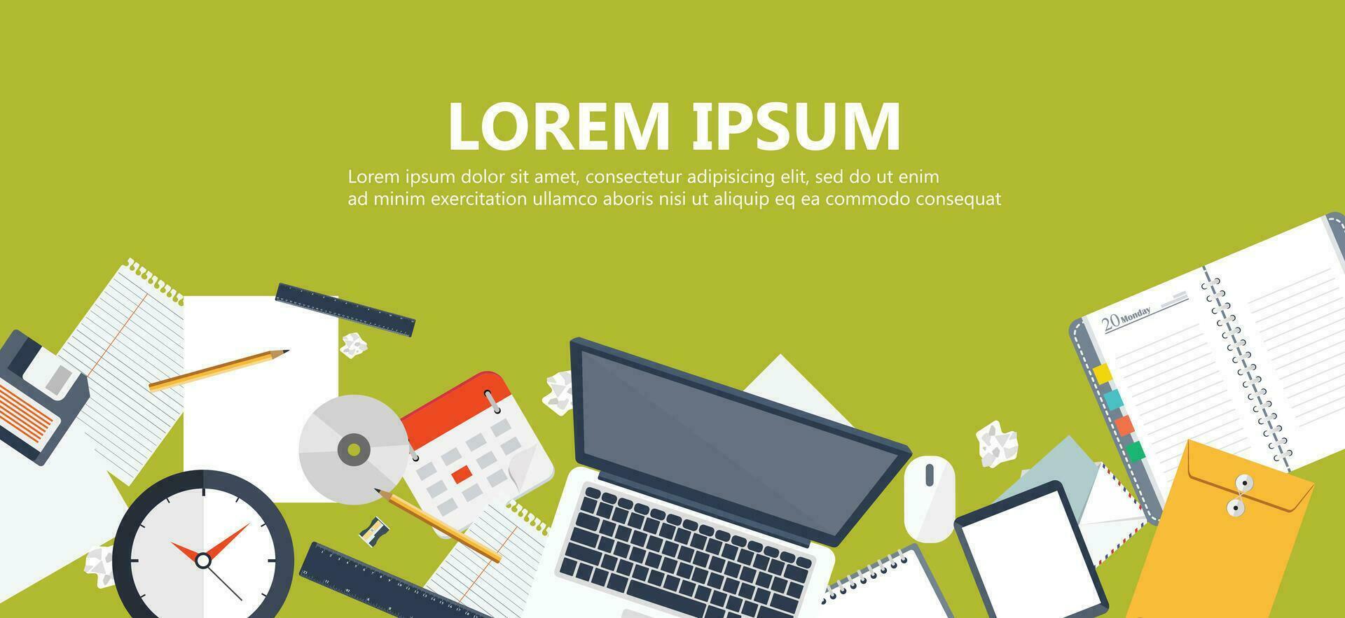 Flat banner design with text for business and management purposes. Modern office work desk with laptop and office equipment in flat vector. vector