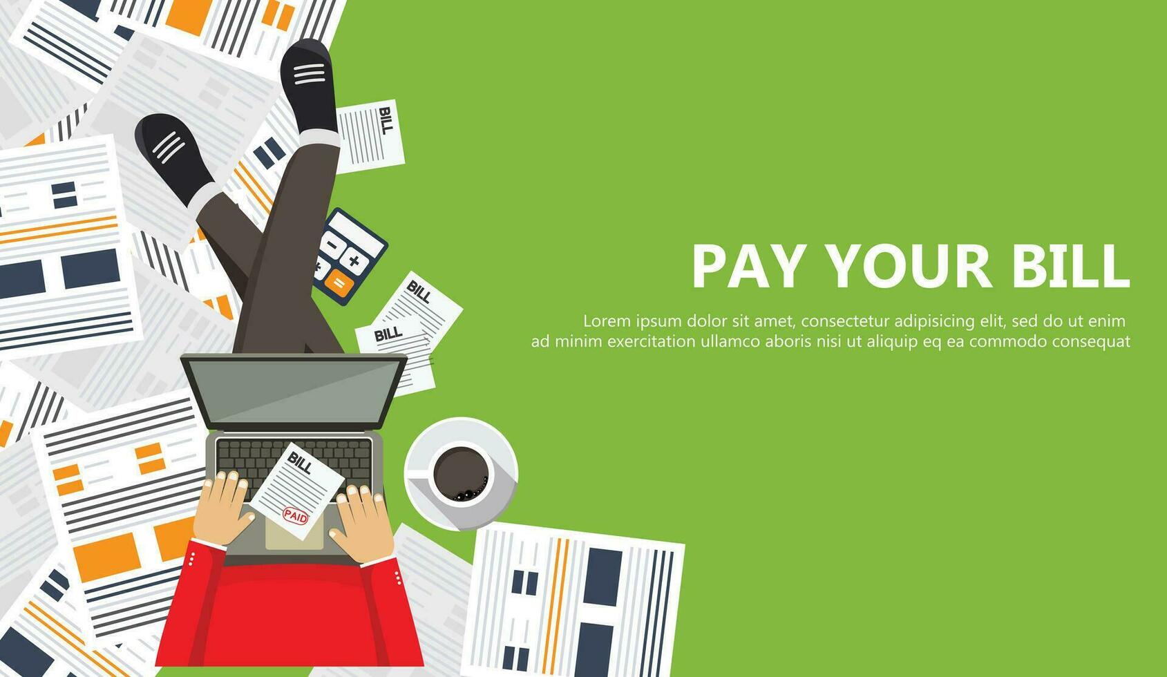 Bill payment design in flat style. Paying bills concept. Man sitting on the floor with lap top and paper bill in his lap. Flat vector illustration