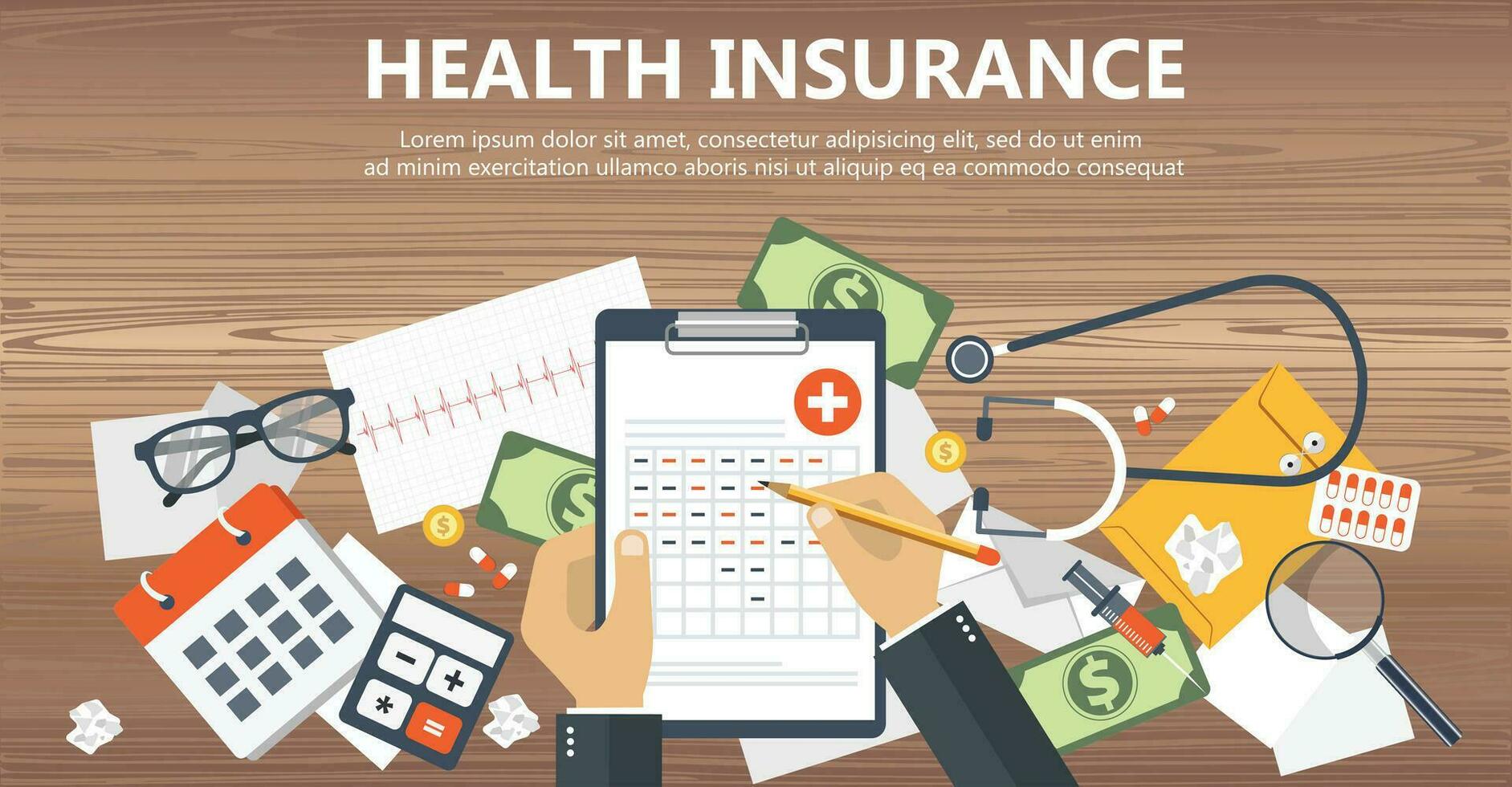 Health care insurance concept. Man fills in the form of health insurance. Flat vector illustration