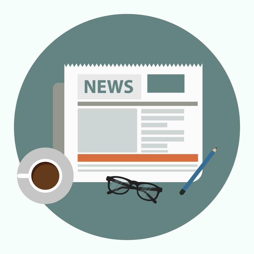 Concept for business news. Workplace with planning book, lap top and telephone. Flat vector illustration