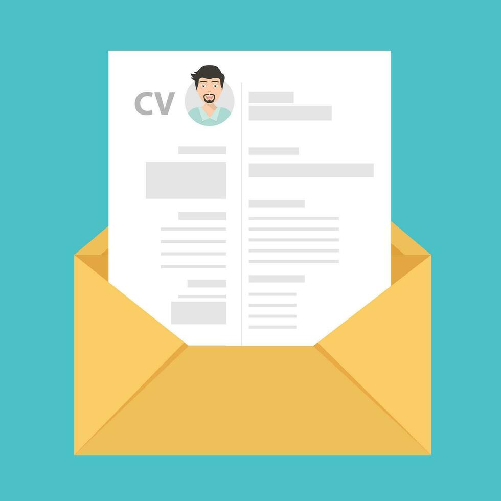 Envelope with a curriculum vitae. Flat vector illustration