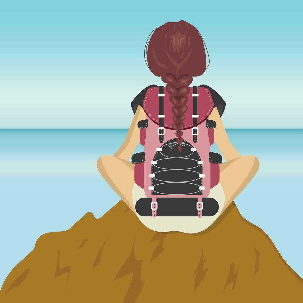 Woman traveler sitting on rocks looking at ocean. Concept for holiday and travel. Flat vector illustration