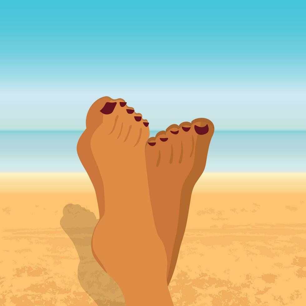 mujer pies en playa. concepto para viaje y vacaciones. plano vector ilustración