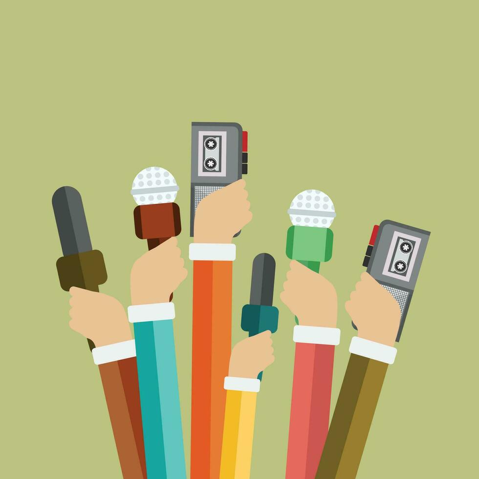 Microphones in reporter hands. Set of microphones and camera isolated on green background. Mass media, television, interview, breaking news, press conference concept. Flat vector illustration.