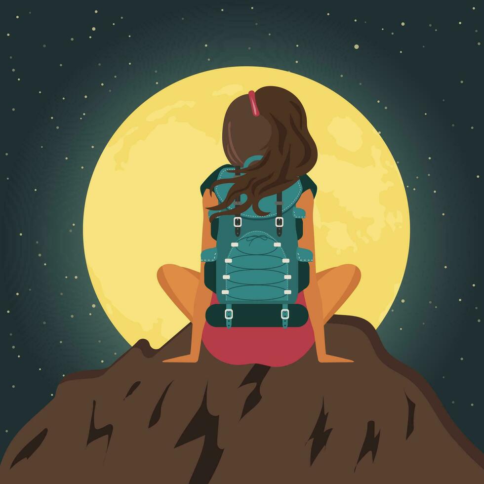 Woman traveler sitting on rocks looking at moon. Concept for holiday and travel. Flat vector illustration