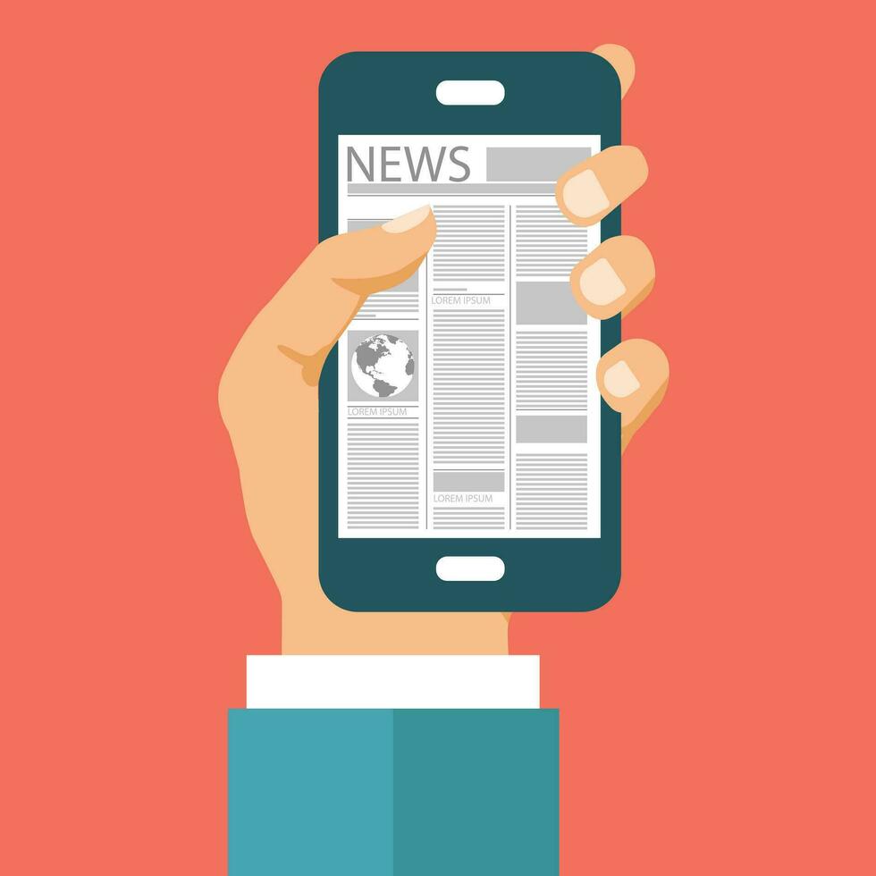 On line news concept. Read newspaper on your smart phone. Flat vector illustration